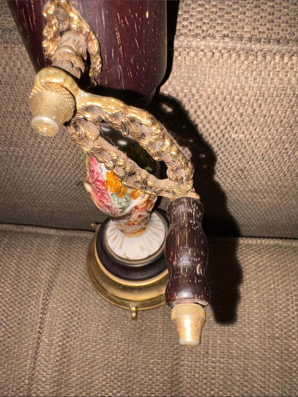 Rare find vintage Capodimonte musical pepper grinder.  Porcelain brass & wood.